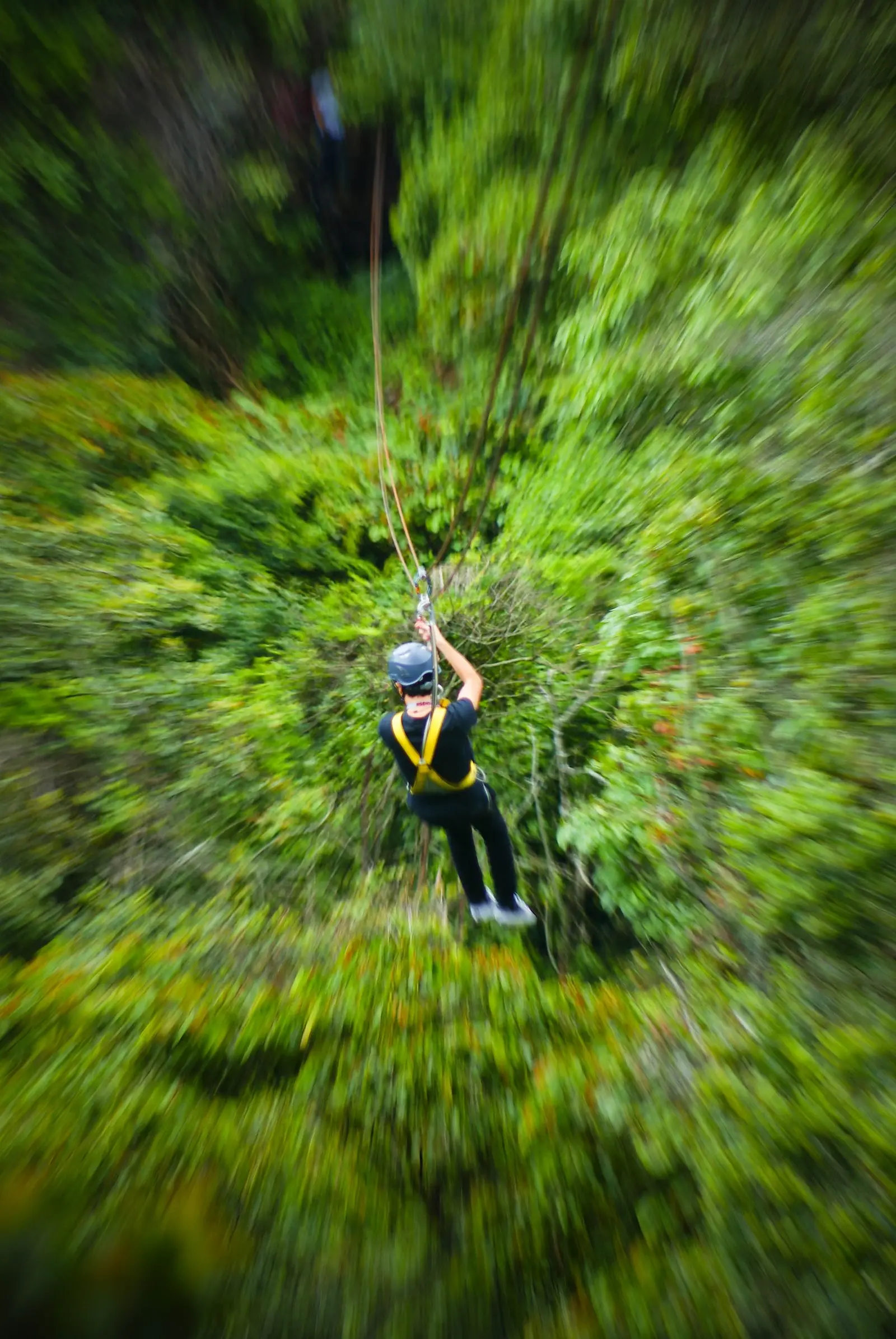 Person flying at full speed on the zipline through the trees