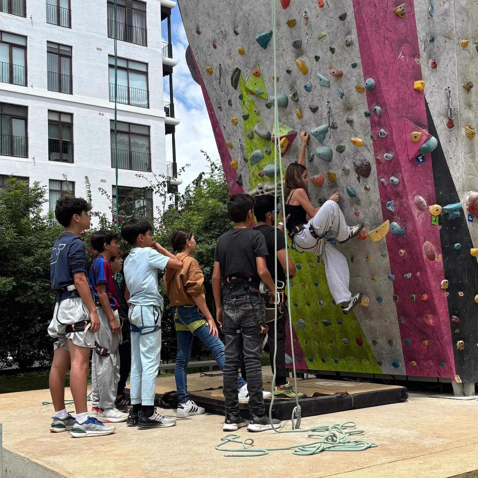 Birthday at El Muro: a guest climbs while the group, in harnesses, waits their turn
